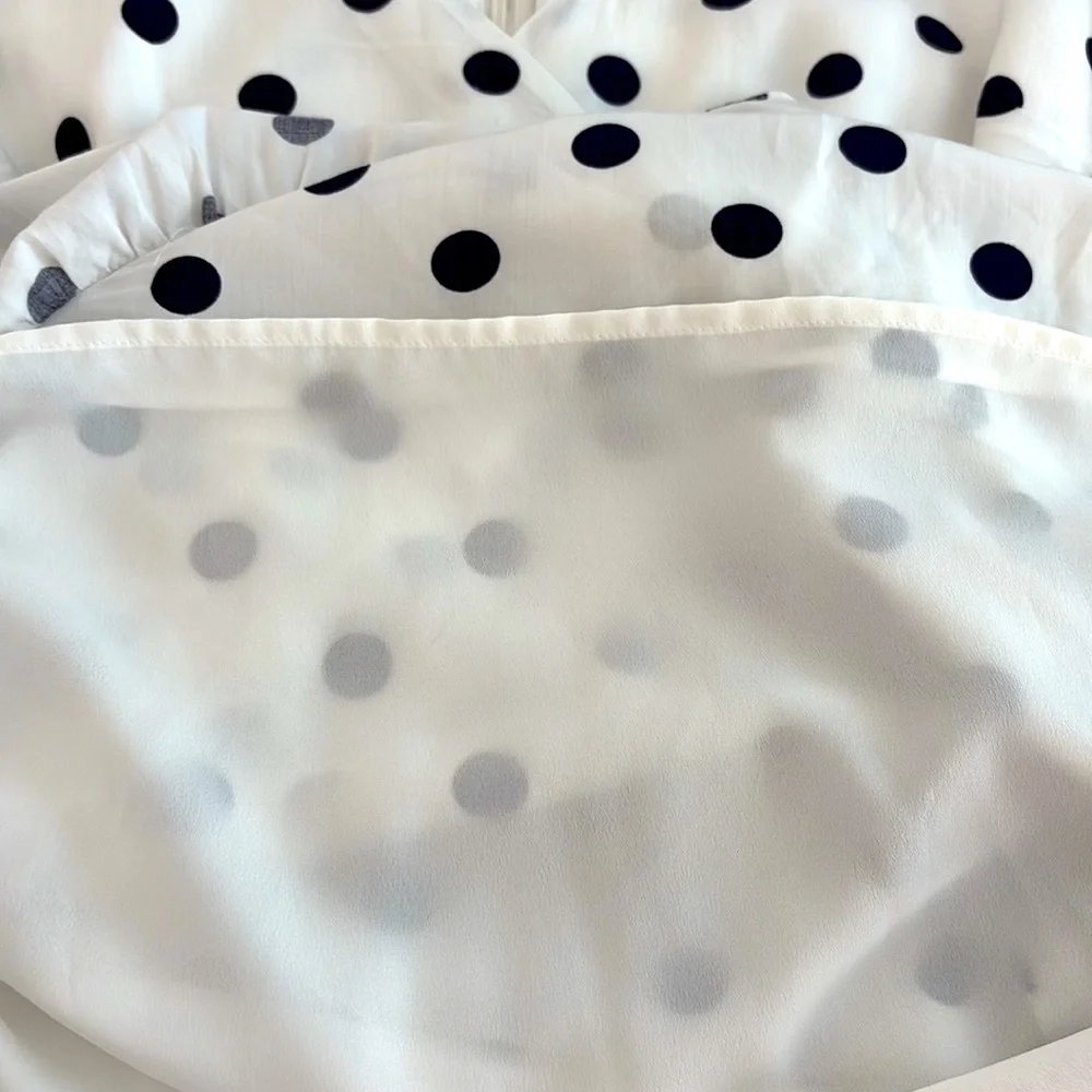 J. Crew White & Navy Polka Dot V-Neck, Front Cap Sleeve Ruffled,  Dress. Size 8